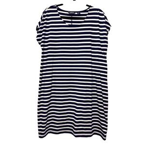 Lands End Navy Blue Striped Shift Dress M Cotton Blend Coastal Nautical Summer